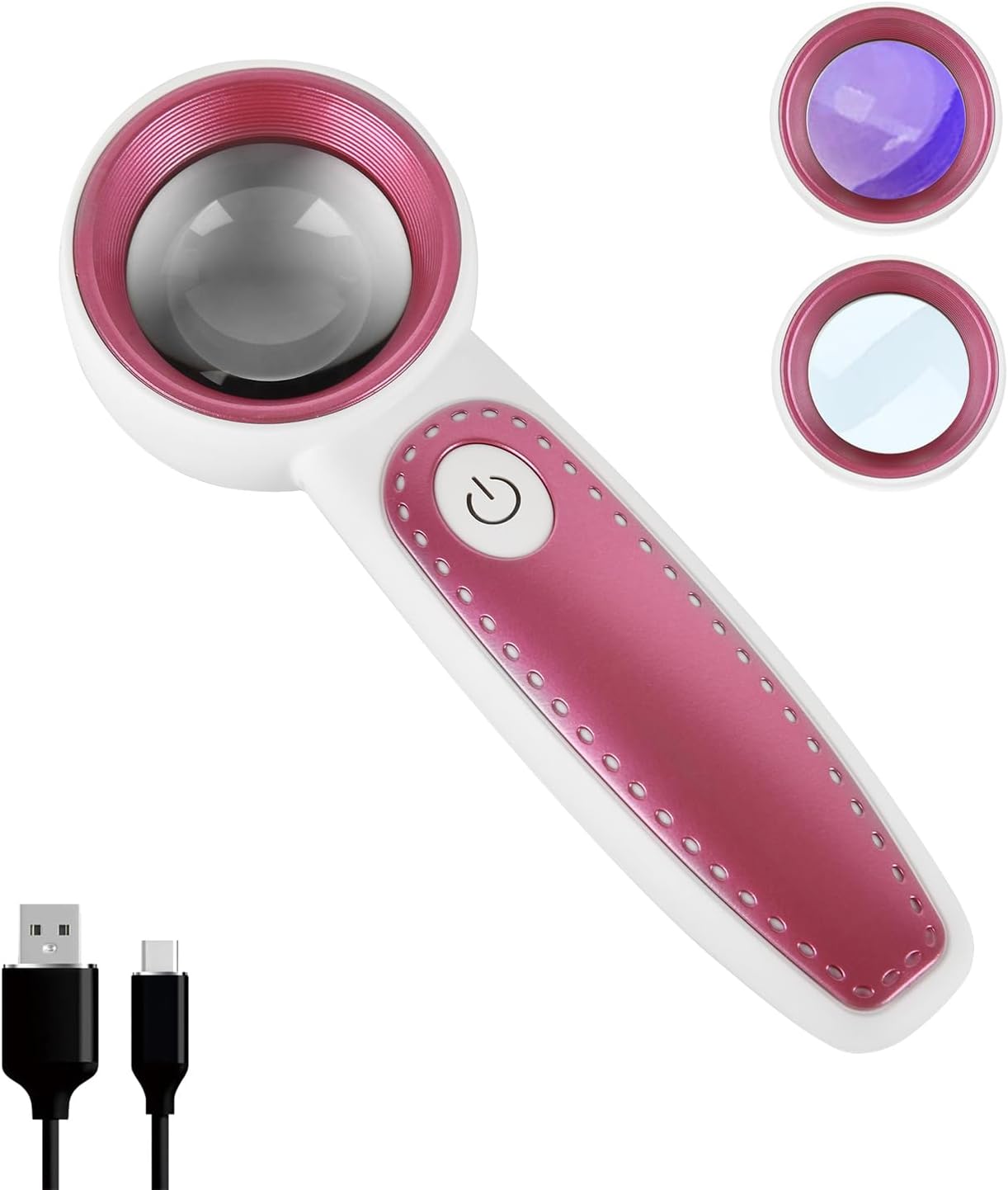 Handheld Loupe Magnifier 35X with UV and LED Lights, USB Rechargeable Jewelry Magnifying Glass Loop with 37mm Optical Lens Illuminated Jewelers Loupe for Gems Diamond Coins Stamps Inspection (Pink)