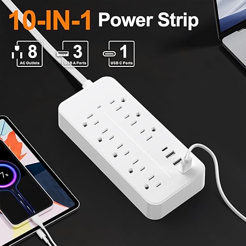 Miniatura 3 de Cable de extensión plano con protector de sobretensiones, regleta de alimentación de enchufe plano con certificación ETL, 8 salidas de CA, 4