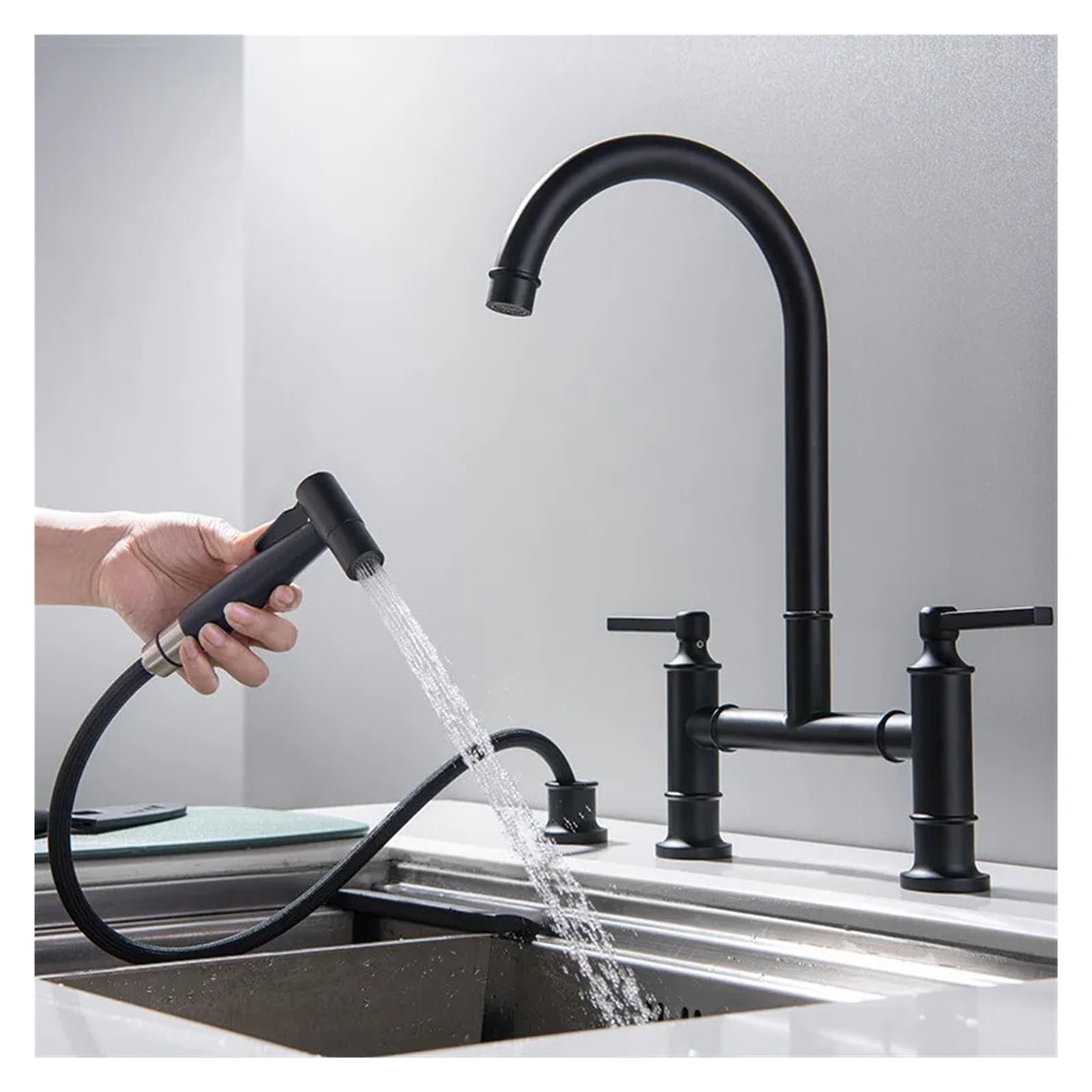 Ewsdsfs Black Brushed Gold Kitchen Faucet With Hand Shower Head Pot Filler Tap Deck Mounted Hot Cold Sink Spout Brass(Black)