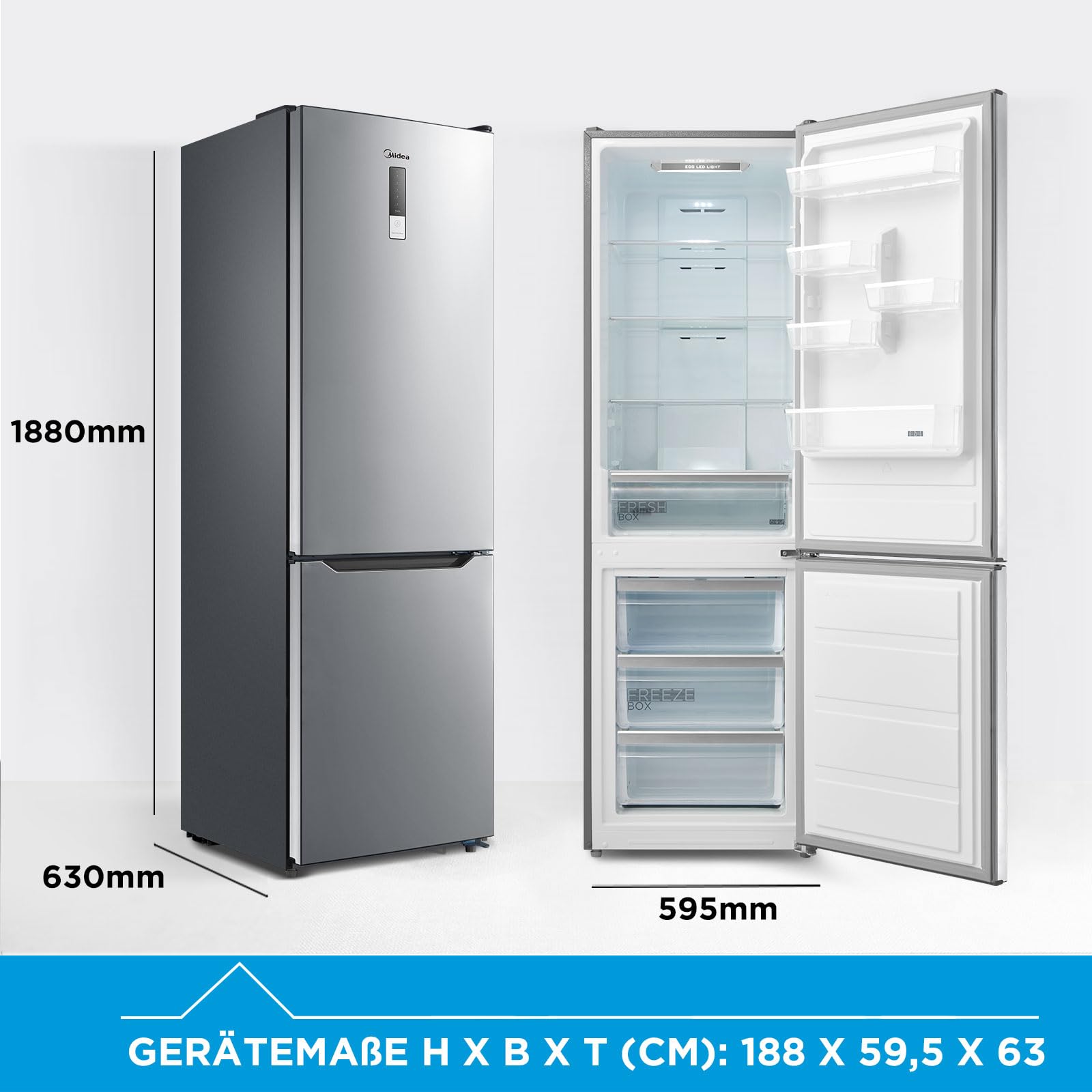 Midea 310L Kühlschrank mit gefrierfach, 188cm, NoFrost, GMCC Kompressor | Allaround Cooling, Digital Control, 42dB, 224L Kühlteil+86L 4 Sterne Gefrieren( -24℃), 224KWh/Jahr, Energieklasse E