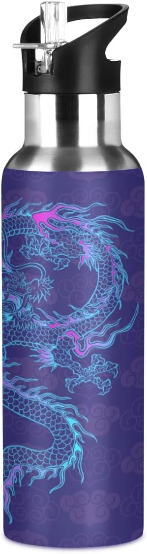 Purple Chinese Dragon Water Bottle Acuum Insulated Stainless Steel Leakproof Wide Mouth with Straw Lid for Fitness Gym and Outdoor Sports