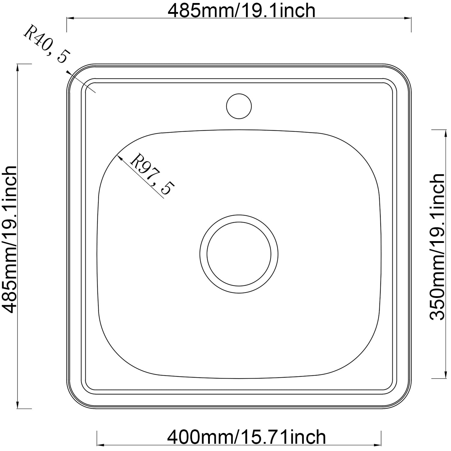 Fregadero de acero inoxidable, 1 lavabo, incluye sifón y orificio para grifo (48 * 48cm)