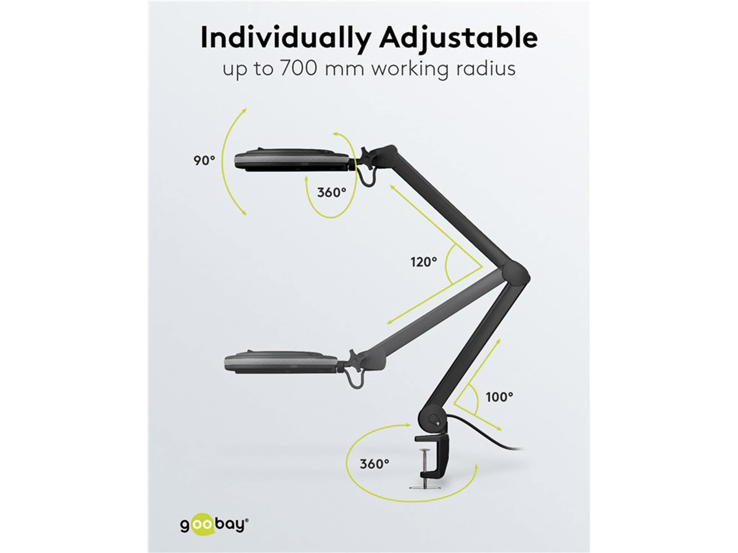 goobay 64988 Lámpara aumento LED 9W 730lm/ pinza/lente cristal 127mm 1,75 aumentos lupa trabajo cosmética, soldadura, manualidades, leer/brazo articulado/lámpara sobremesa