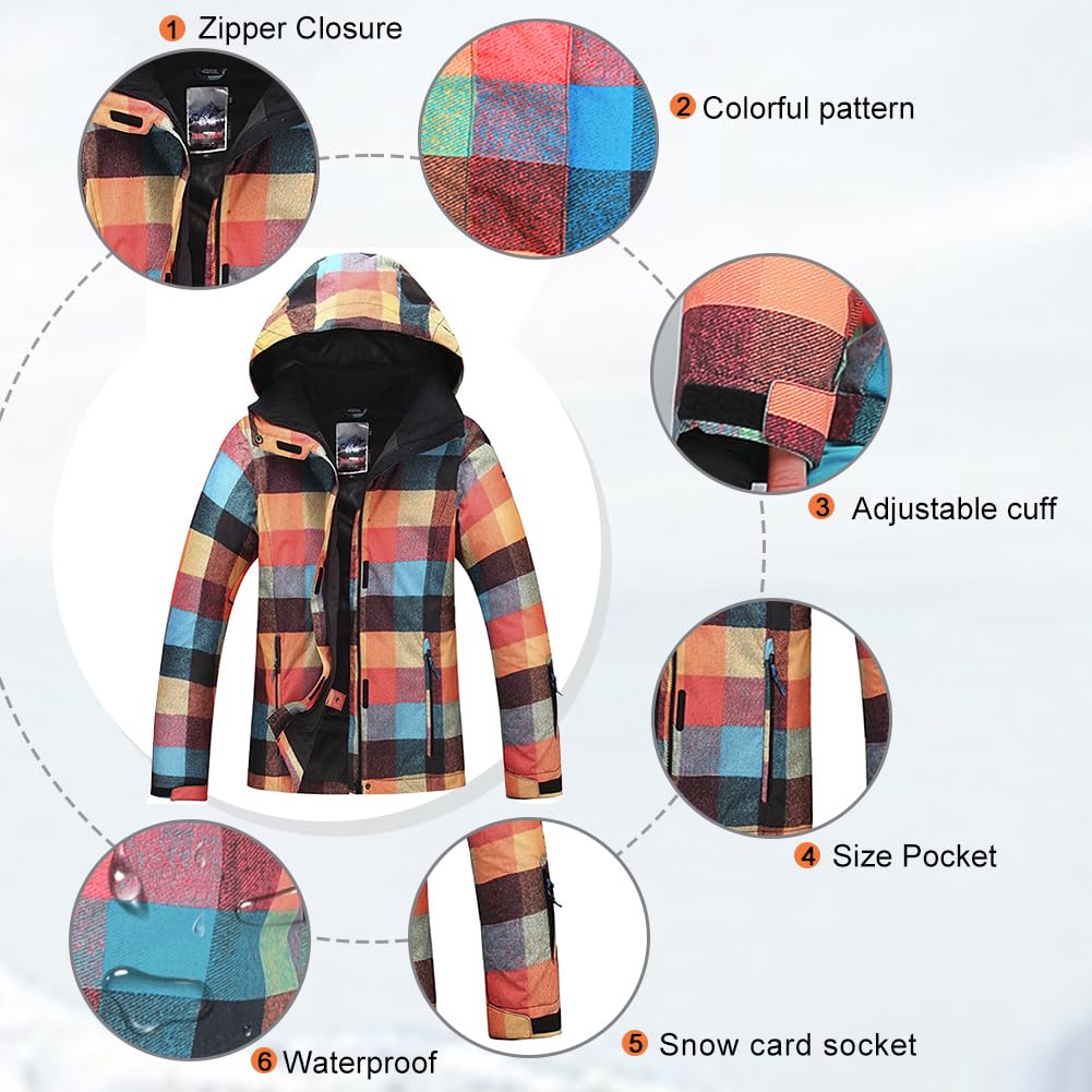 HOTIAN Chaqueta de esquí de snowboard para mujer de alto viento, colorido chaqueta de nieve pantalones