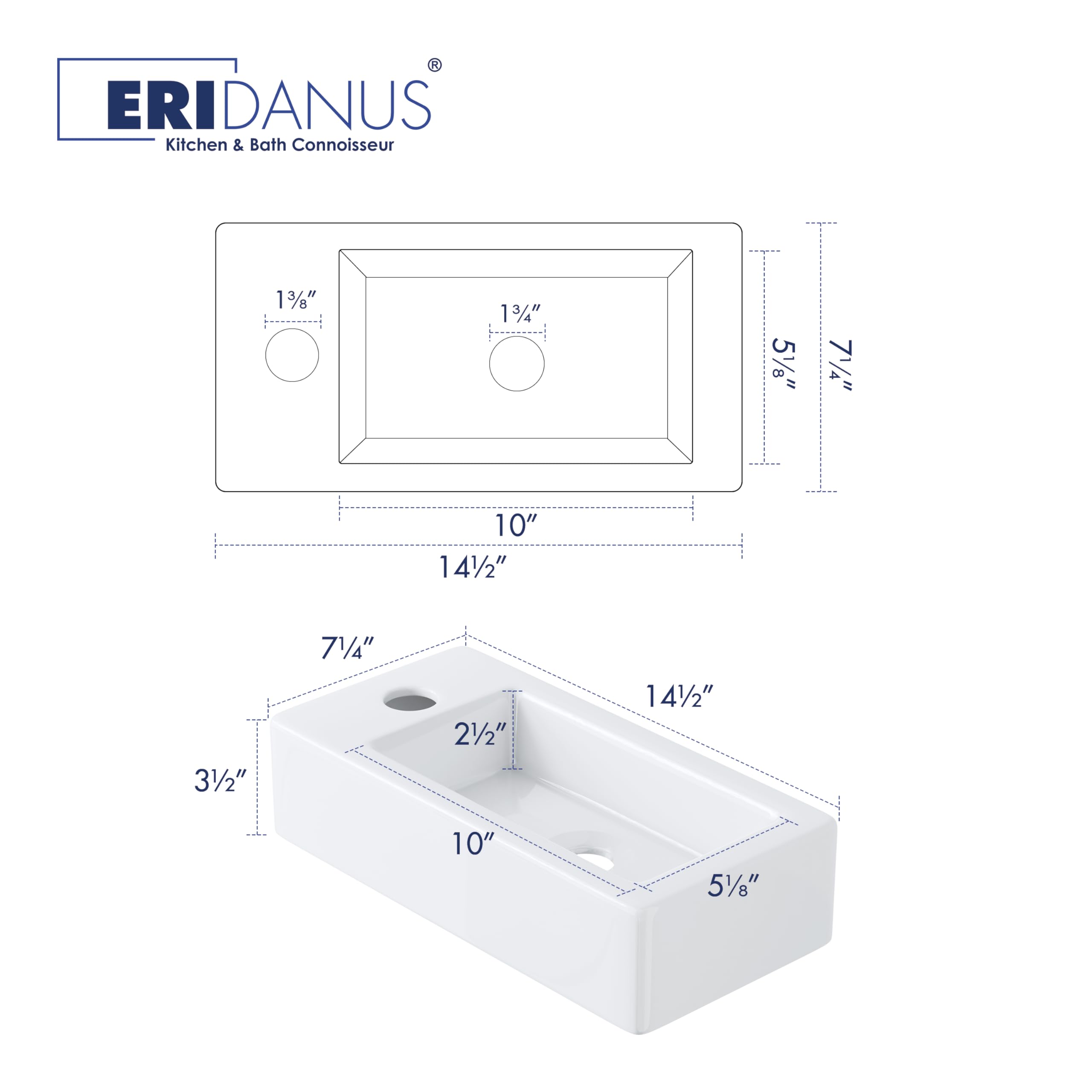 Eridanus Lavabo de baño, para colgar en la pared, ahorra espacio, rectangular de cerámica blanca, grifo izquierdo para lavabo, armario, inodoro, moderno lavabo pequeño (solo lavabo)