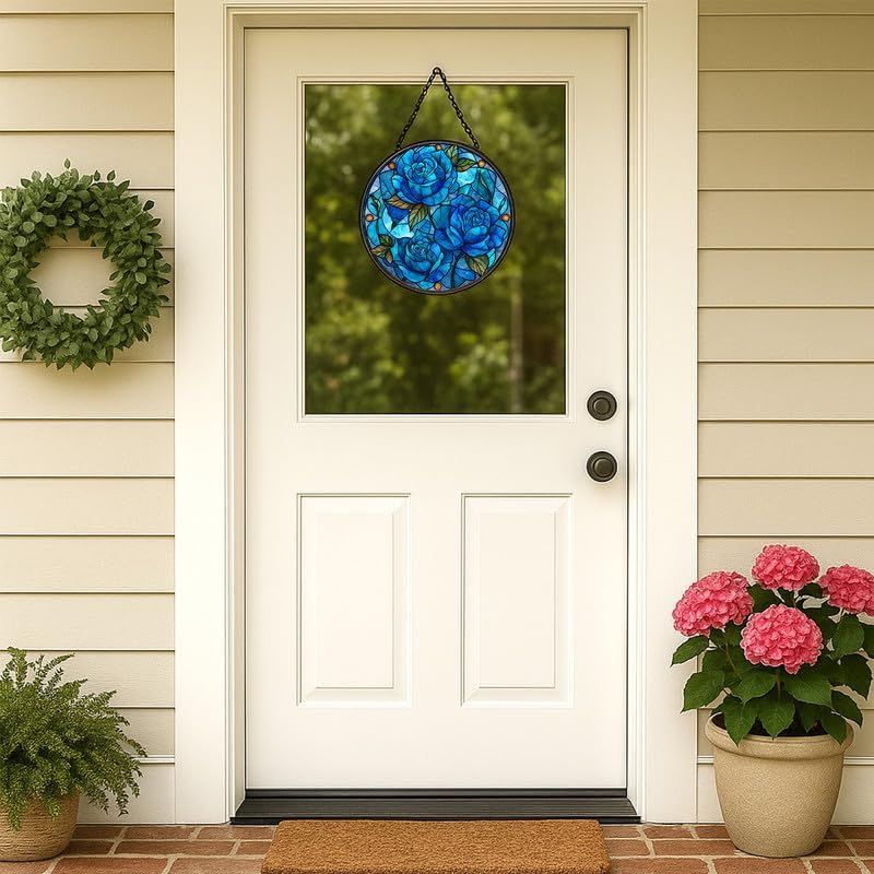 Blue Roses Stained Glass Window Hanging - Sun Catchers Indoor Window Stained Glass Panels Wall Decor for Mom，Wife，Lovers 11.8in