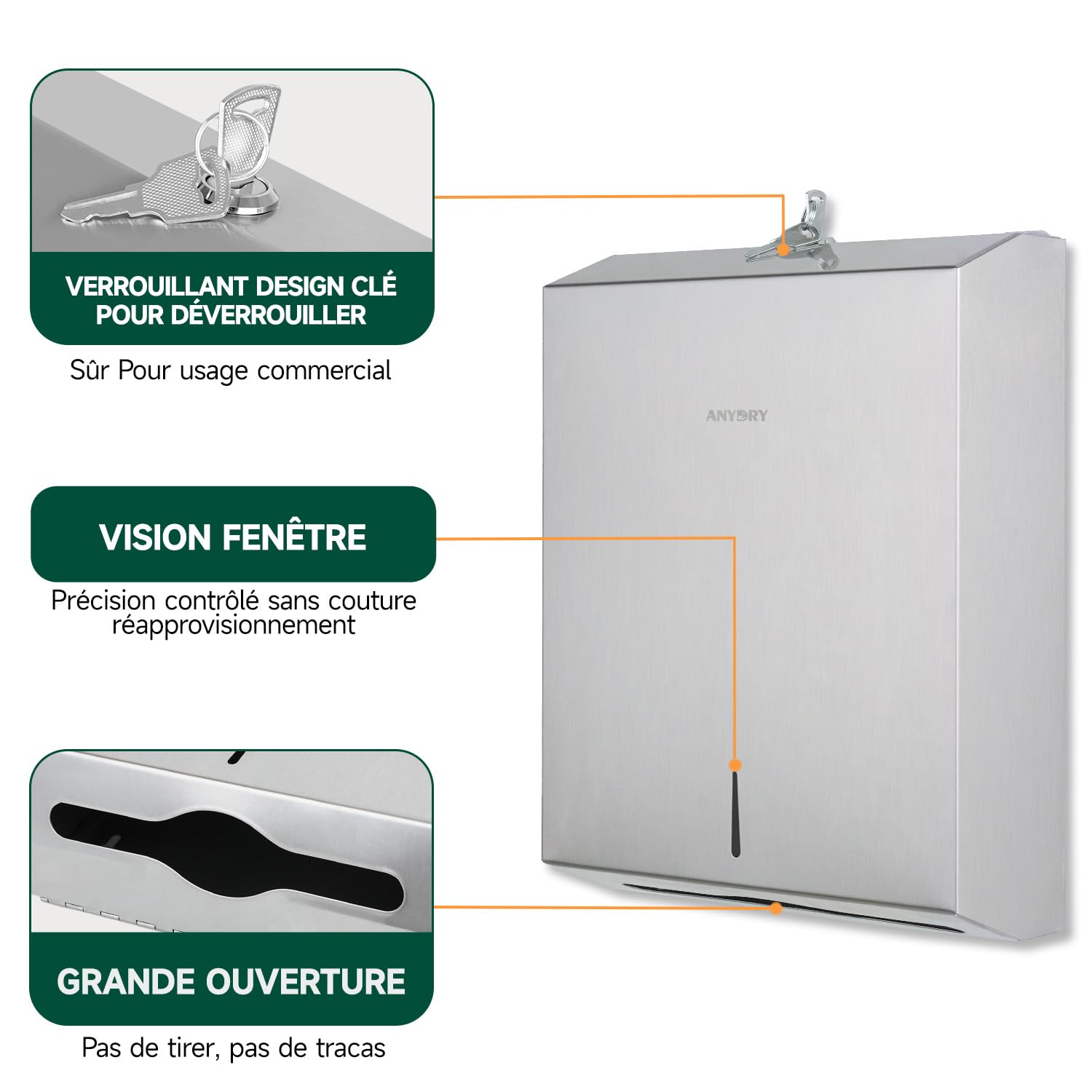 anydry Distributeur de Serviettes en Papier Commercial monté sur Mur – Capacité de 400 Feuilles, INOX Brossé, verrouillable,multifold/Z-Fold (Taille pliée ≤ 27 cm x 10 cm) Brossé