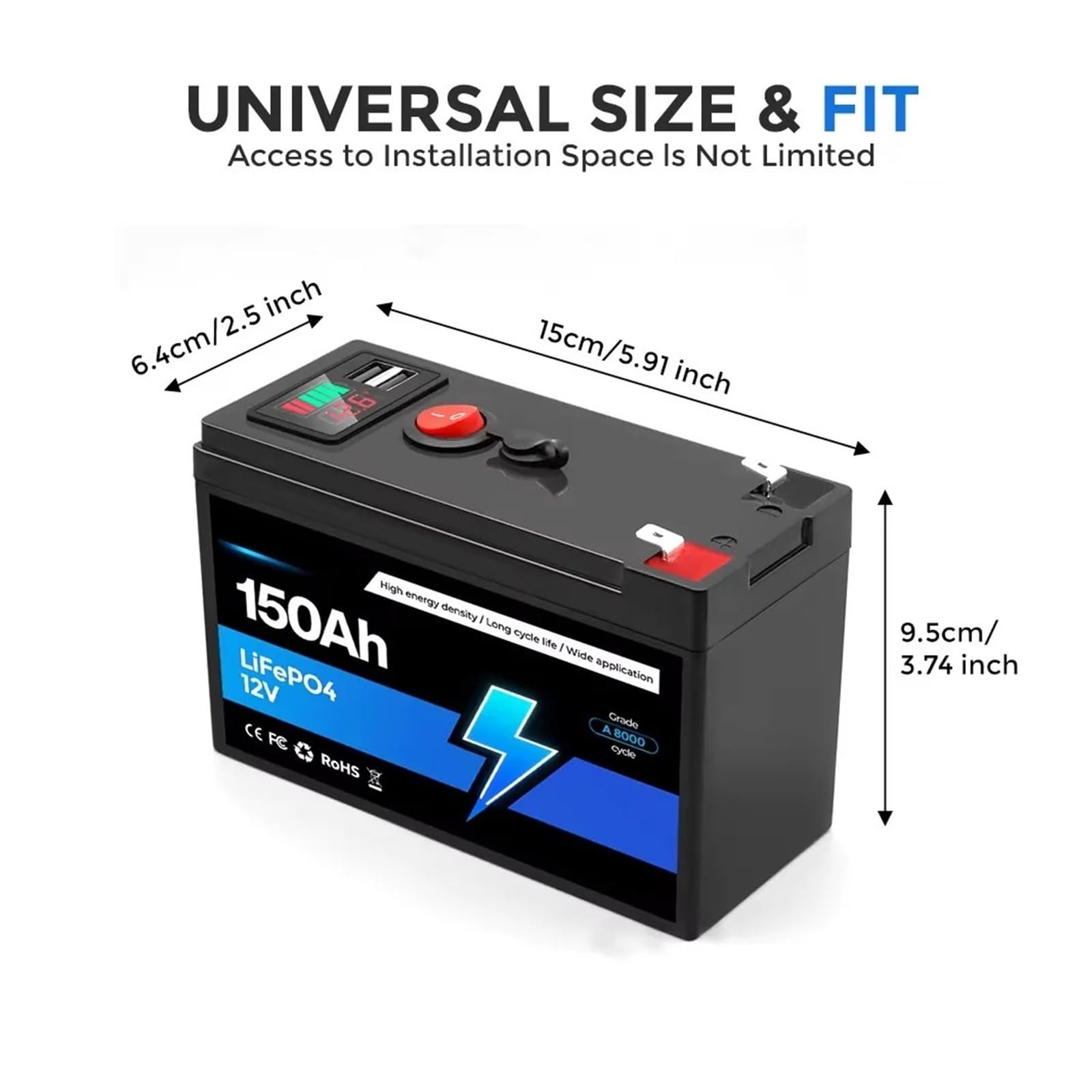 Batteria Al Litio Ricaricabile 12V 150Ah LiFePO4 BMS Integrato | For cavalcare giocattoli Pannelli solari Ecoscandagli Ruote elettriche(100Ah charger)