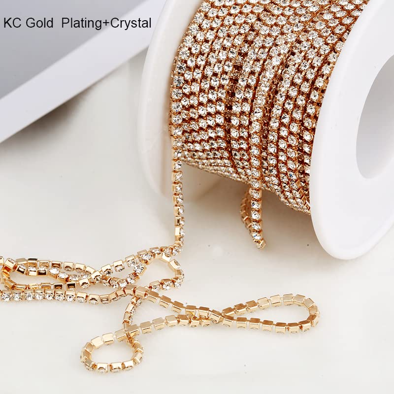 SS6-SS18 (2 mm-4,5 mm) srebrno-złota podstawa, przezroczysty, kryształ, gęsty łańcuszek z kryształem górskim, odzież, szkło stras, łańcuszek, kryształ, różowe złoto, SS16 (4 mm), rolka 10 jardów