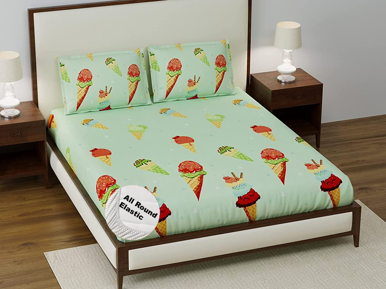 DECOMIZER Cartoon Kids Cotton Feel All Around Elastic Fitted King Size Double Bed Bedsheet with 2 Pillow Covers Fits Upto Mattress of 8 Inches,Size - 72 x 78 x 10 Inches,Design- Ice Cream