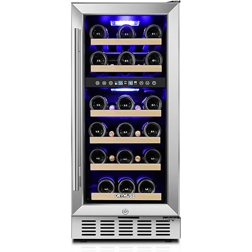 15 Inch Wine Cooler Under Counter, 30 Bottle Dual Zone Wine Fridge with Stainless Steel Glass Door, Built-In or Freestanding Wine Cellar with Digital Temperature Control for Home, Kitchen, or Office