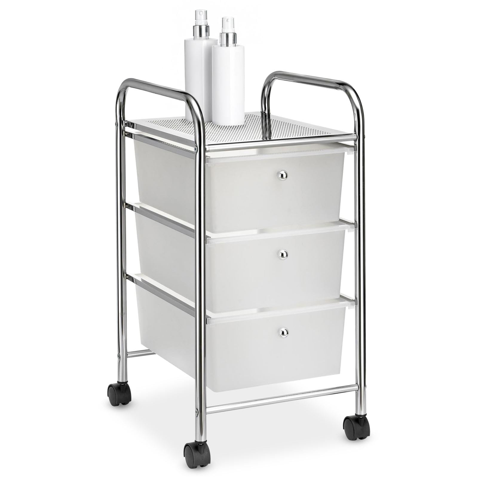 IDIMEX Caisson sur roulettes GINA Chariot avec 3 tiroirs en Plastique Blanc Transparent et 1 étagère, Meuble de Rangement pour Salle de Bain en métal chromé