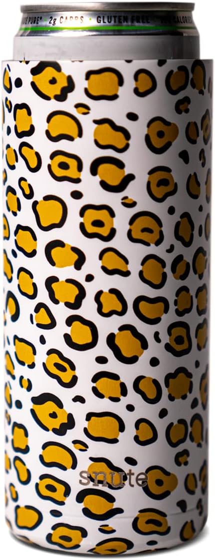 Snute Can Cooler for Beer, Soda, Sparkling Water | Vacuum Insulated Stainless Steel Drink Sleeve Holder for 12oz Can (Cheetah, Slim)