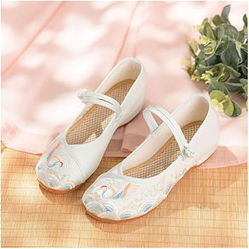 2024 Summer Chinese Traditional Style Embroidered Flower Shoes Comfort Round Toe Casual Mary Jane Ballet Shoes Hanfu Ancient Style Flats Shoes(Color:Light blue,Size:5 UK)