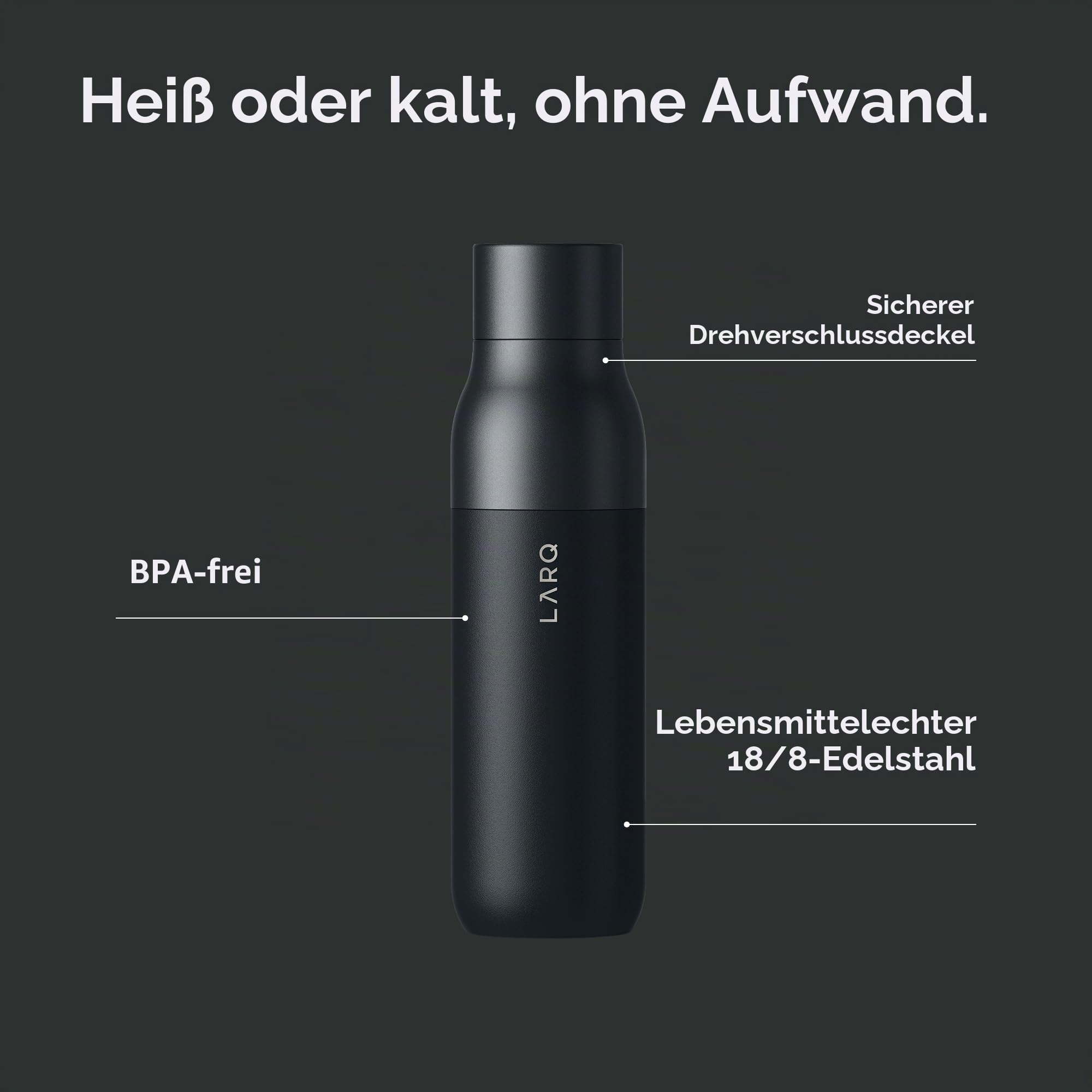 LARQ Twist Top 740ml – Isolierte Edelstahl-Trinkflasche | Thermoskanne, BPA-frei | Wiederverwendbare Wasserflasche für Camping, Büro und Reisen | Hält Getränke kalt und heiß, Obsidian Black