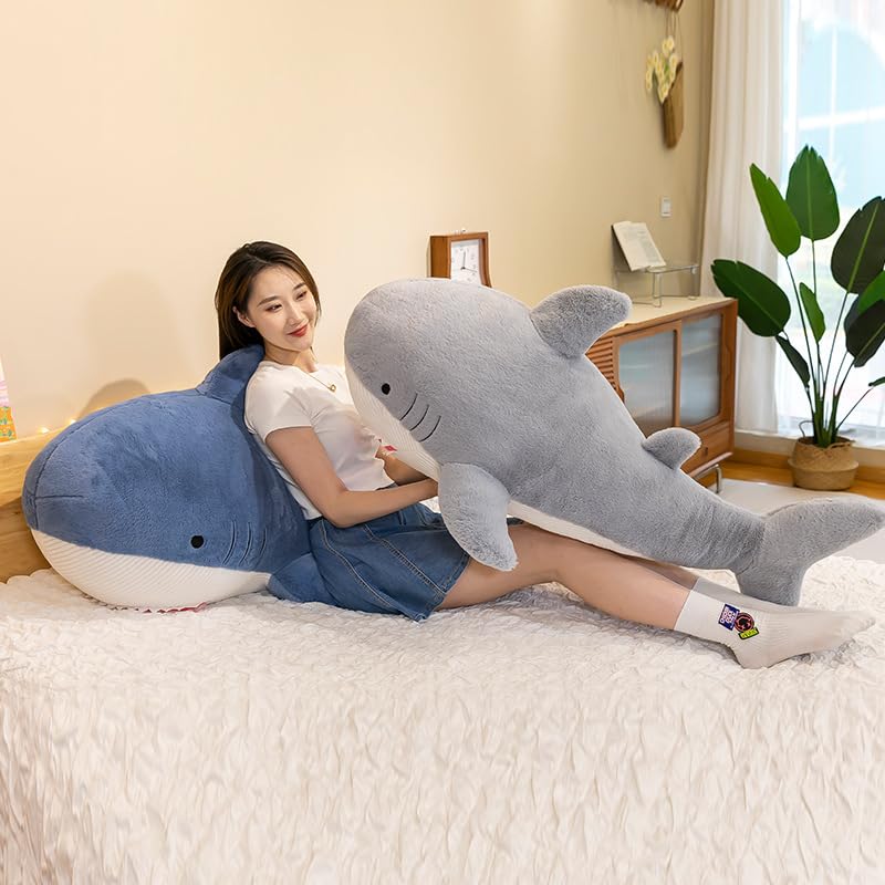 Riesenhai Hai Plüschtier,hai Plüsch Kissen,Plüsch-Hai-Spielzeug, weiches Hai-Kissen,Hai-Plüschkissen,Stofftierhaie,Stofftier,Kissen für Bett,Rückenkissen Puppe Geschenk für Kinder (110cm,Blau)