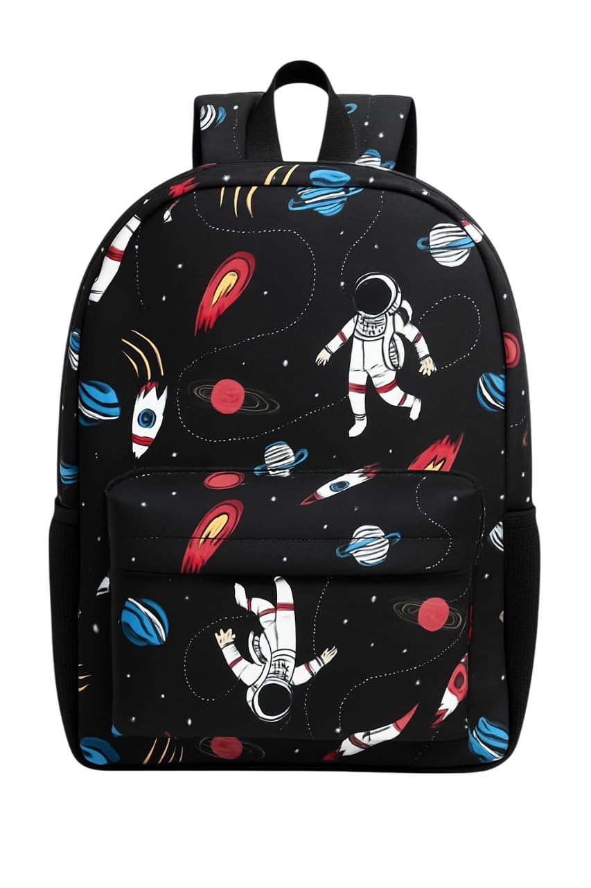 Space Theme Backpack, Black with Astronaut and Planet Design, School Travel Daypack with Cosmic Pattern-image-19