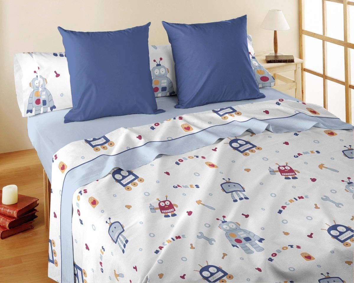 Juego de Sábanas Infantil de Franela Modelo Robot y Pirata. Medidas para Cama de 90cm y 105cm. Composición: 80% Algodón 20% Poliéster (Robot, Cama 105Cm)