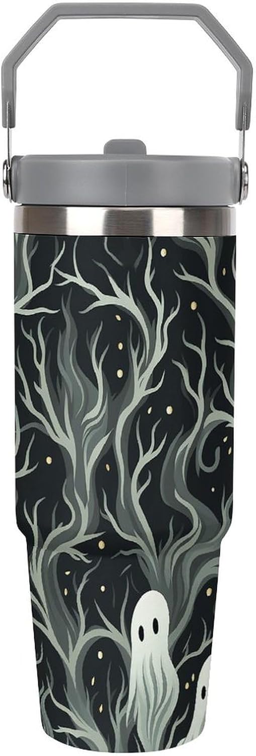 30oz Insulated Tumblers with Top Handle, Stainless Steel White Patterned Ghost Car Cup with Straw for Gift, Leak-Proof Double Wall Vacuum Travel Mug, Personalized Water Bottles White