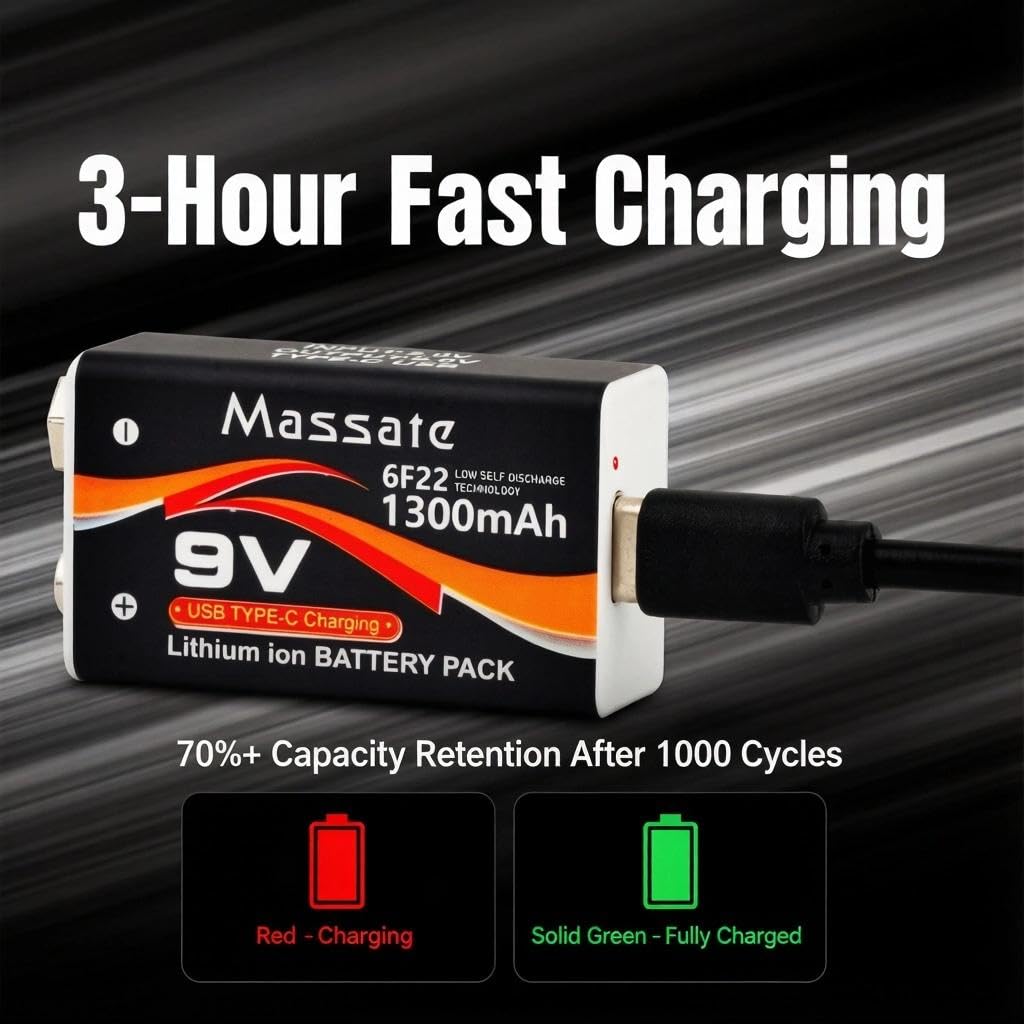 4 Pcs 9V Rechargeable Batteries 1300mAh, USB C Rechargeable Lithium Ion Battery with 4 in 1 Charging Cable, Long Lasting 9 Volt Battery for Smoke Detector, Guitar Pedal, Microphone - 4
