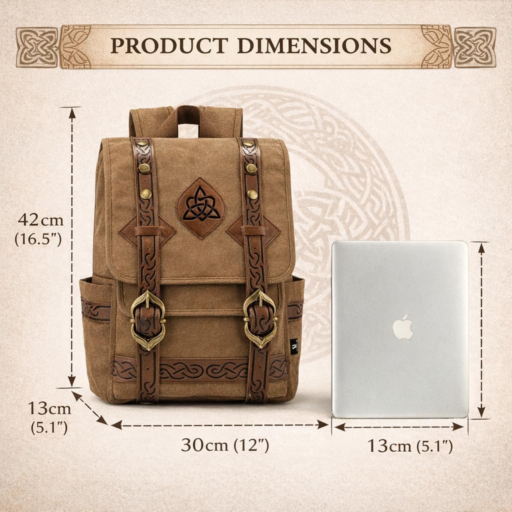 Vintage Celtic Viking Canvas Backpack for Men Women, Breathable Mesh Strap Rucksack for Commute Campus Travel (Khaki Brown) (Celtic Knot)