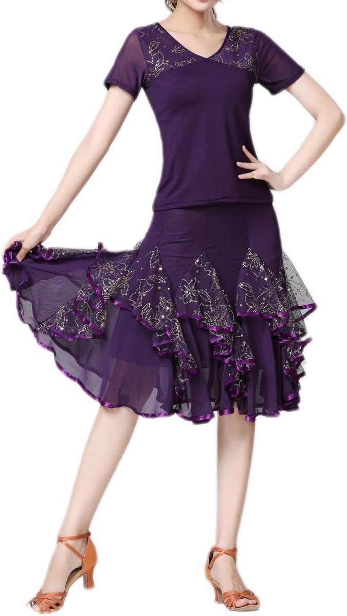 CISMARK Elegant Ballroom Latin Party Long Swing Tiered Dance Skirt for Women