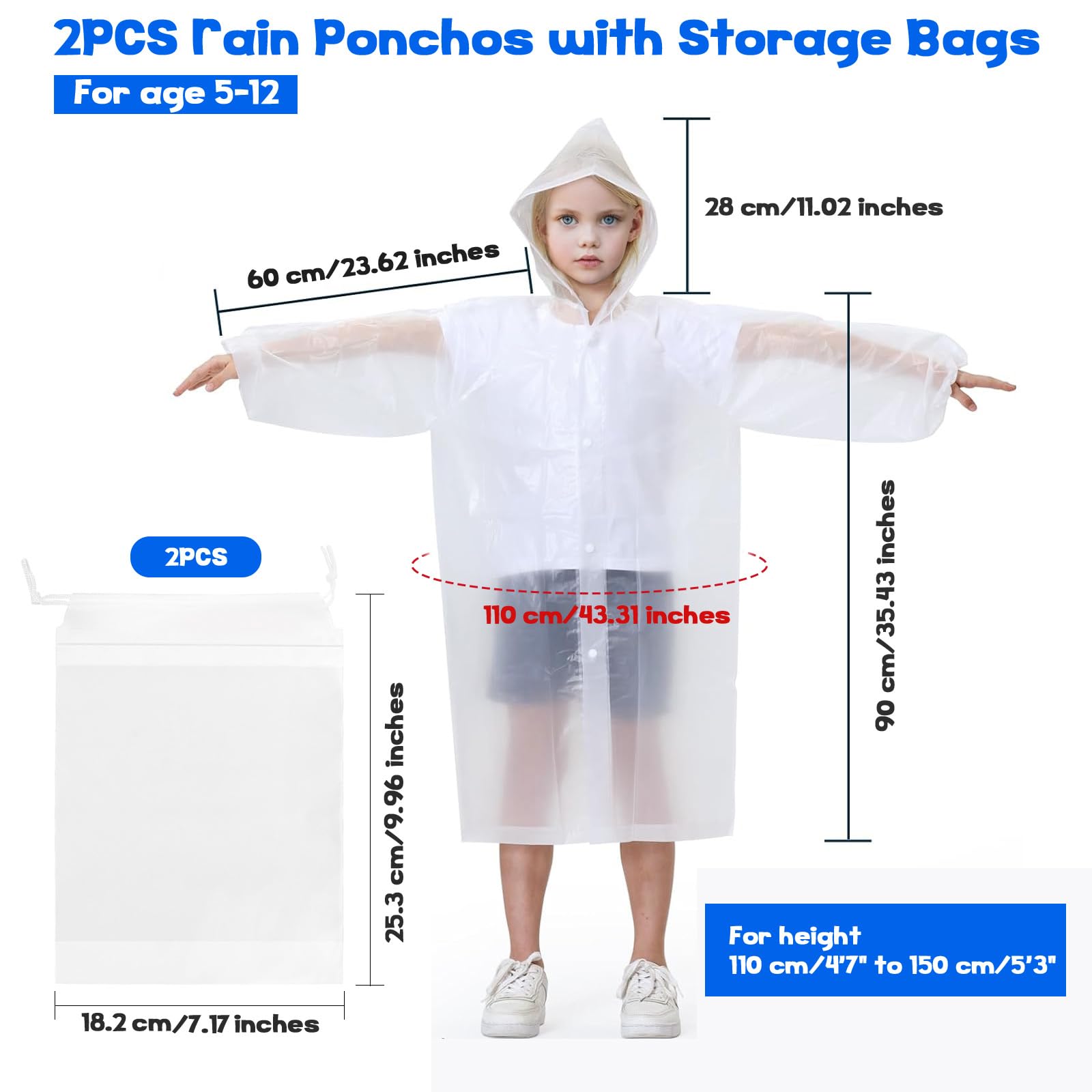 2Pcs Chubasquero Transparente de Niños Reutilizable, Capa Impermeable de Niños Portátil, Poncho de Lluvia de Goma EVA de Niños con 2 Bolsas con Cordón para Niños y Niñas de 5 a 12 años