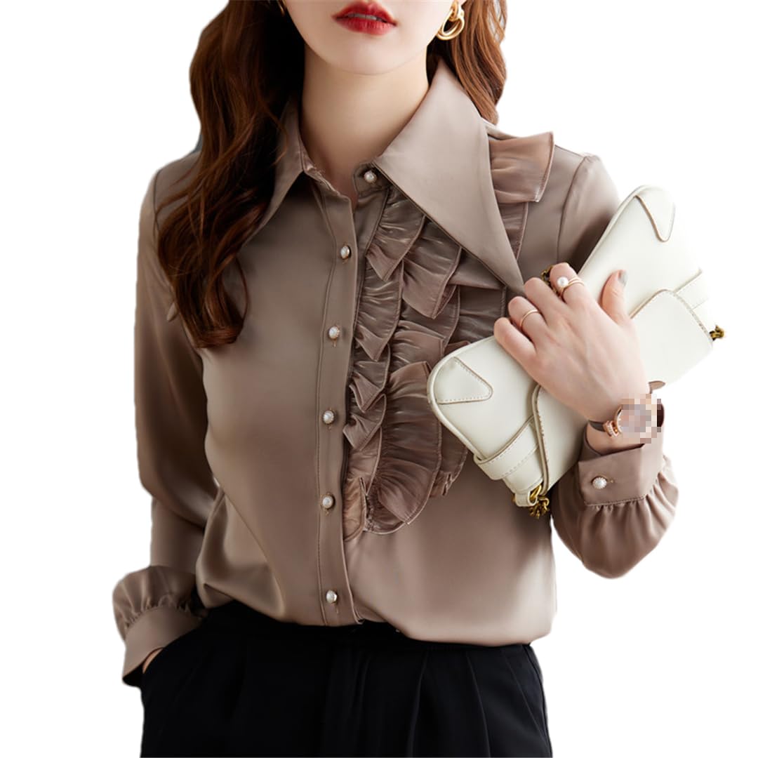 Disimlarl Camisa de manga larga caqui para mujer, blusas formales de gasa para oficina, trabajo, color blanco