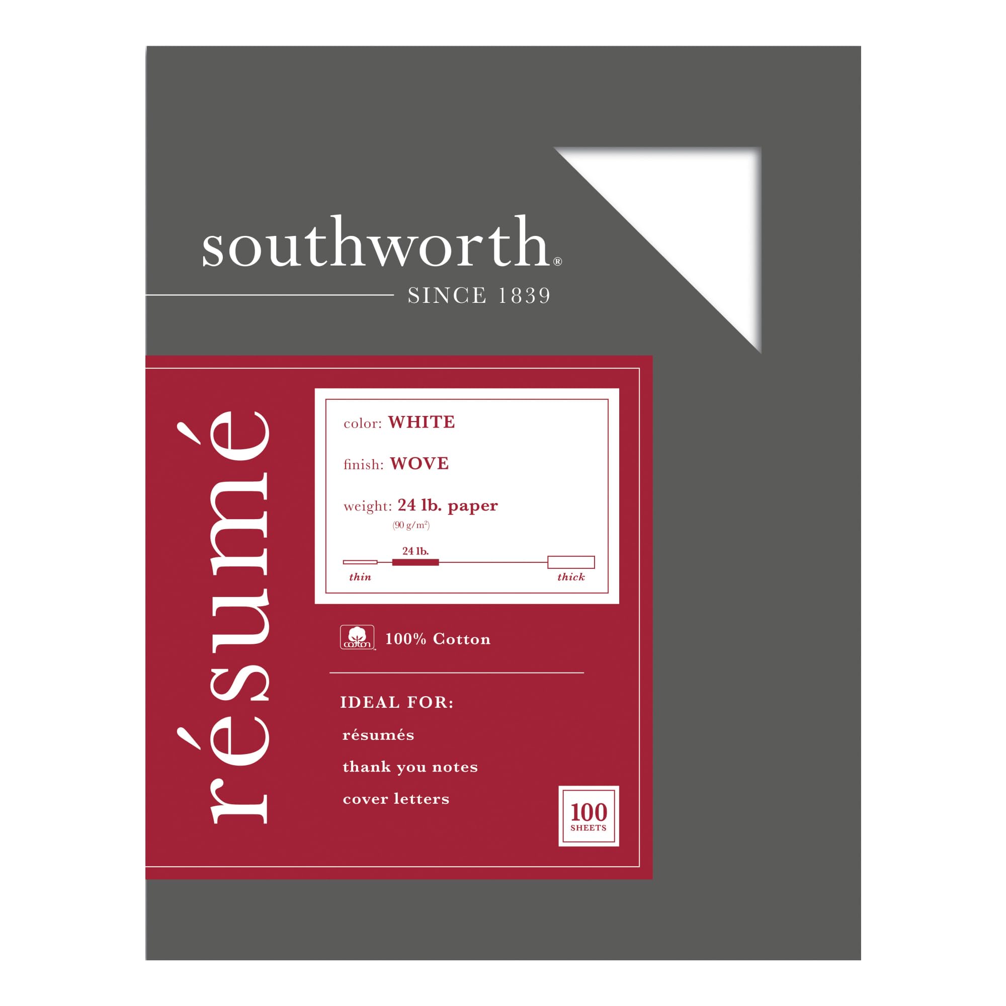Southworth(r) 100% Cotton Resume Paper, 8 1/2" x 11", 24 Lb, 100% Recycled, White, Pack Of 100