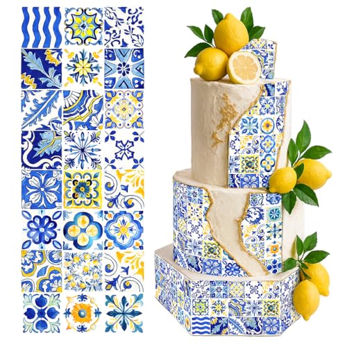 Décoration de bordure comestible pour cupcakes – Motif carreaux méditerranéens, 1 bande aléatoire 36x13 cm