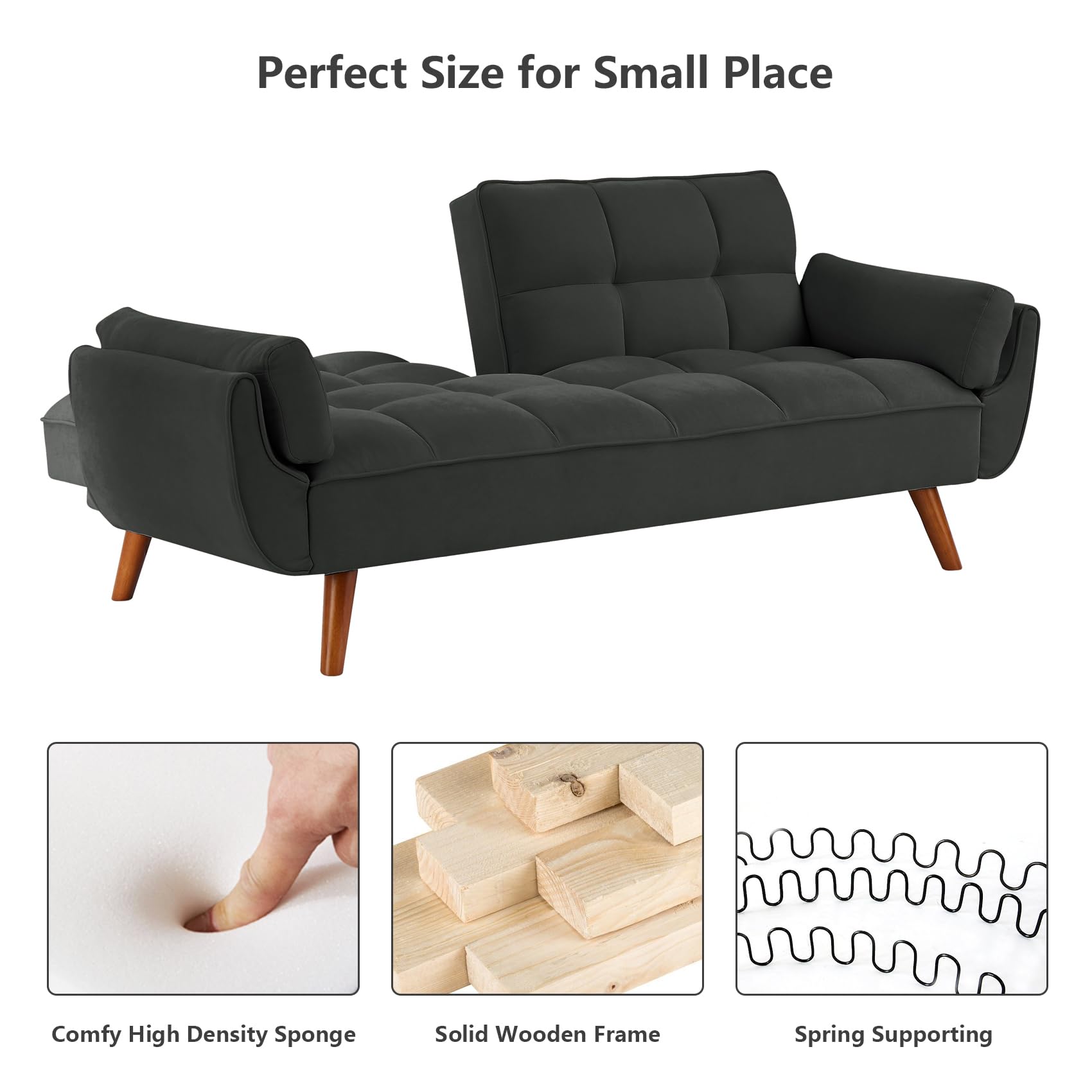 Futon Sofa Bed Modern Convertible Sleeper Sofa, 75” Linen Twin Size Futon Couch Comfy Recliner Sofa Couch with Adjustable Split Backrest for Living Room Small Spaces, Dark Grey