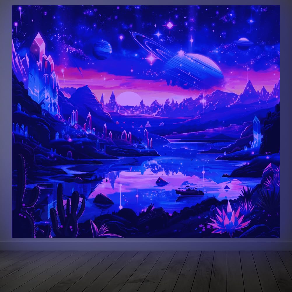 CRAFTYMELODY Alien Planet Blacklight Tapestry Glow in the Dark Tapestry UV Reactive Lake Mountain Star Wall Hanging 59×51 Inch with Hook Self Adhesive Sticker Clip for Bedroom Home Wall Decoration