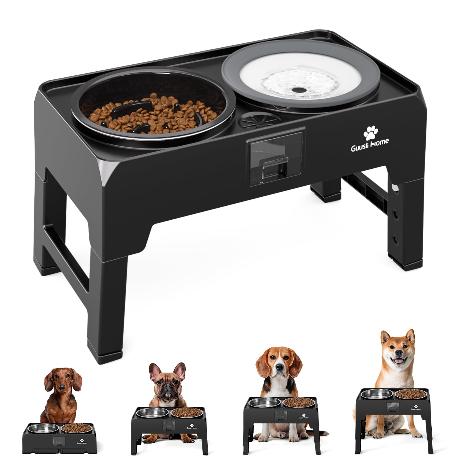 GUUSII HOME Comedero Perro Elevado Grande Cuenco Alto Perro Soporte Comederos y Bebedero para Perros Grandes Elevador Bol Altura Ajustable 43.5 * 24.4 * 12/25.7/29.7/33.7cm 2000ml Elevated Dog Bowl