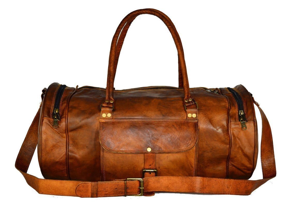 Unique Unisex Handmade Leather Travel Cabin Sized Classic Style Duffel Bag (22 in) | Travel Weekender Gym Bag - Gift for Men and Women (Amber Brown)-image-34