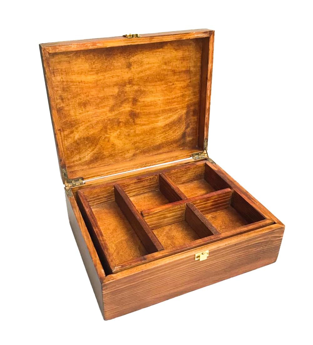 Impresso Wooden Gift Box: With Multtiple Compartments and Decorative Box with Lid, Wooden Stoage Box, Wooden Box (Chocolate Brown Colour)., SIZE : 22.5x18x10cm
