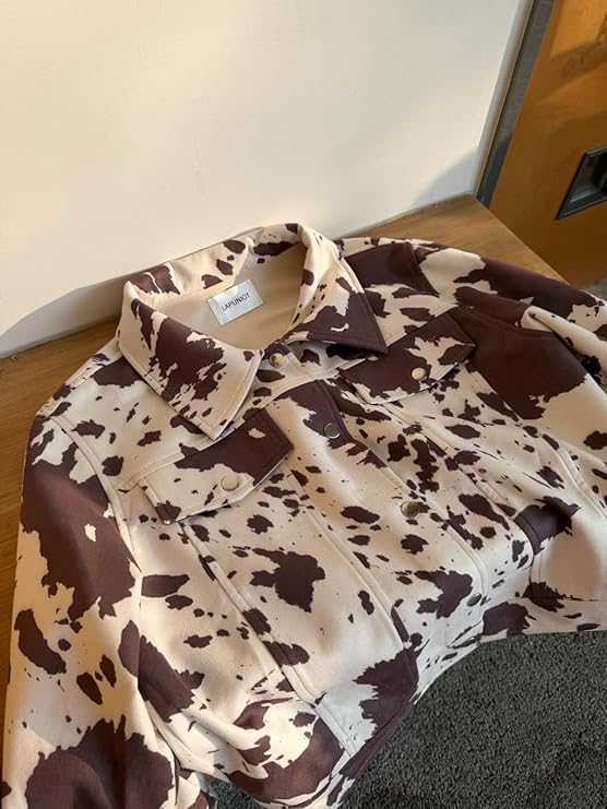 Women's Animal Print Denim Jacket Casual Cow Print Jacket Long Sleeve Button Up Motorcycle Cropped Coats - Image 5