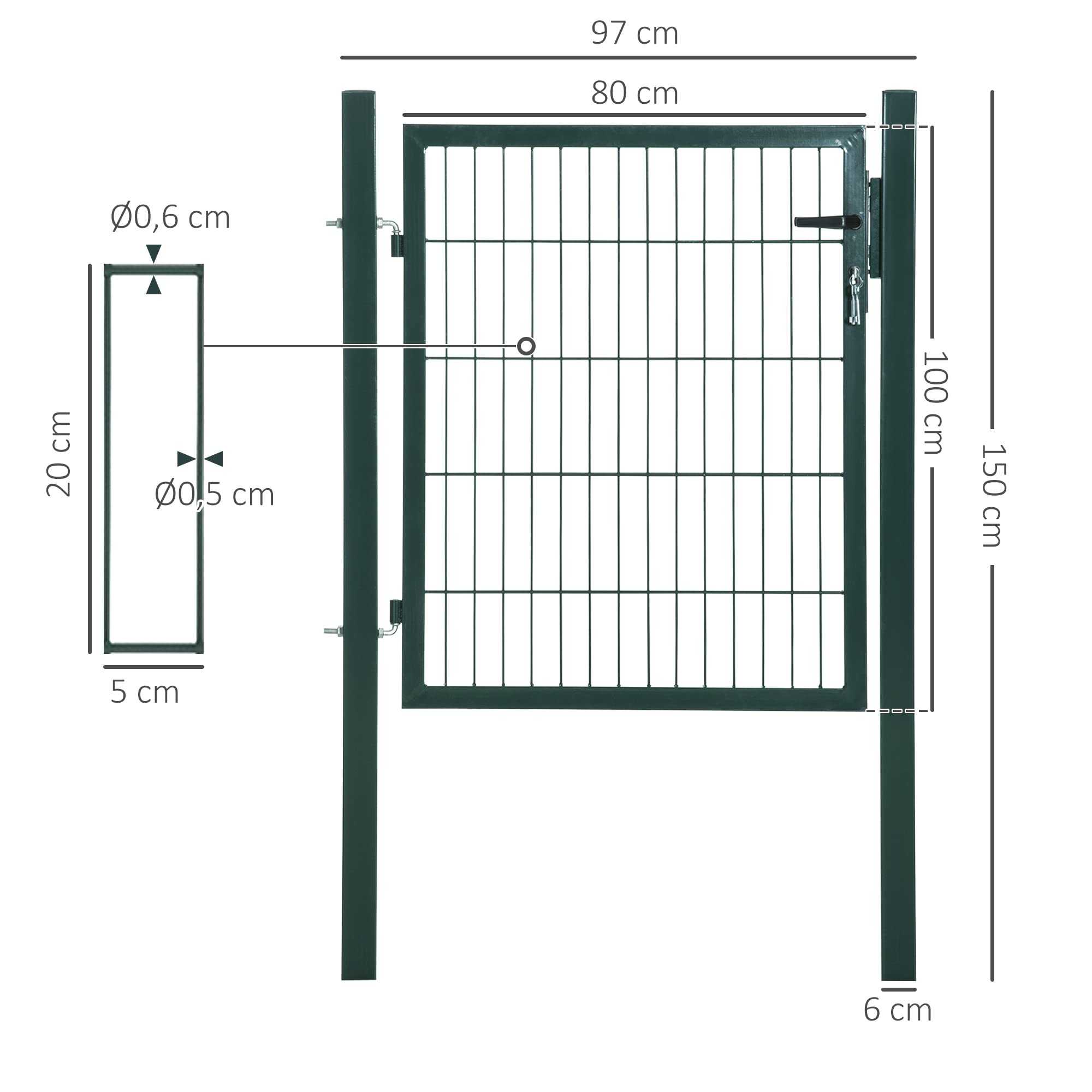 HOMCOM Puerta de jardín Puerta de valla de acero Puerta de patio Manivela Cerradura y llaves 97 x 150 cm Verde | Puerta de valla, puerta de patio, con llaves