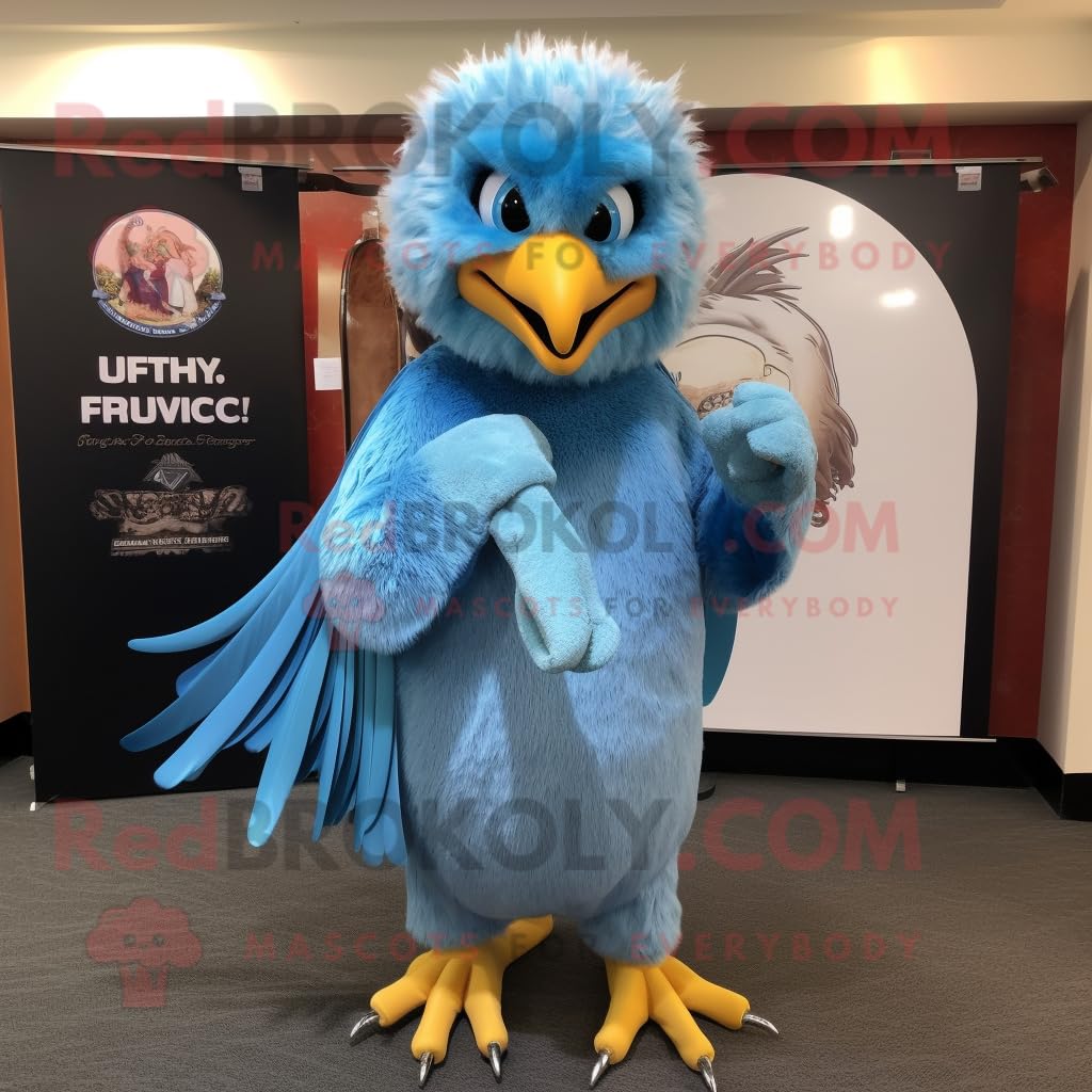 REDBROKOLY Sky Blue Hawk mascot costume character dressed with a Joggers and Shawl pins
