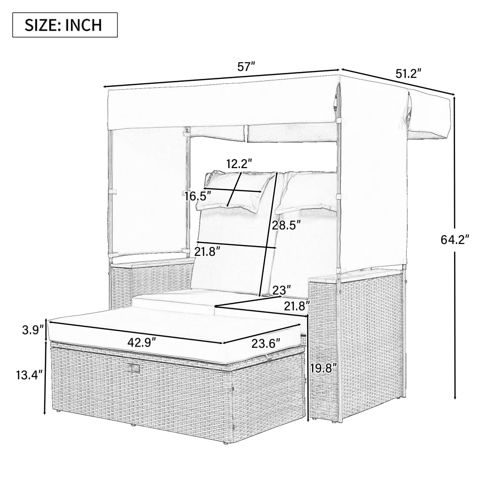Kerluga 2-Piece Adjustable Rattan Daybed with Canopy & Bench - 5-Position Outdoor Sofa Set, Patio Poolside Lounger w/Weatherproof Cushions & Sunshade Grey