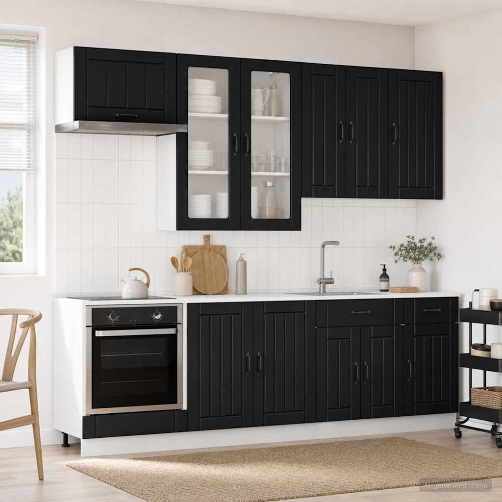 Lucca zestaw kuchenny 8 szt., czarny, z materiału drewnopochodnego, z szafką wiszącą, szafką, szufladą, witryną i miejscem do przechowywania, do kuchni, spiżarni, kawiarni, jadalni