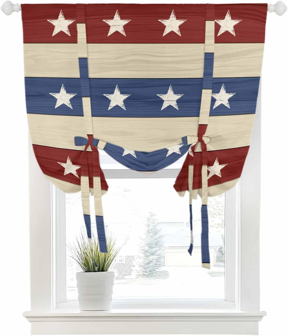 Tie Up Curtains for Windows USA Patriotic Red White Blue Stripes Rod Pocket Tie-Up Window Shade Adjustable Balloon Curtain Valance Stars on Wood Grain for Bedroom Kitchen Bathroom Blinds, 34x45in