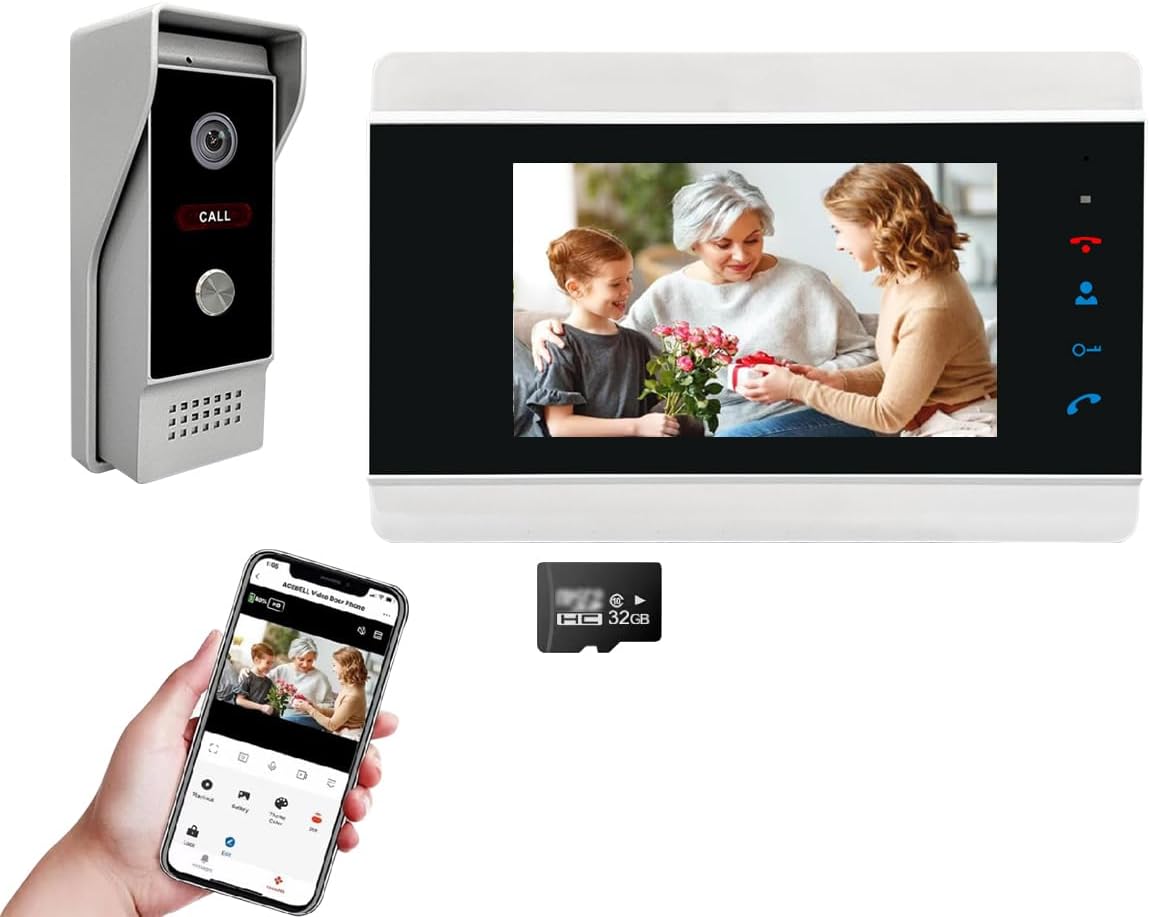 WiFi Video Intercom System Video Doorbell with 7-inch LCD Monitor, Call Button Tuya WiFi Intercom Kit Smart Video Door Phone System 1080P 4-Wired Doorbell Camera (Silvery)