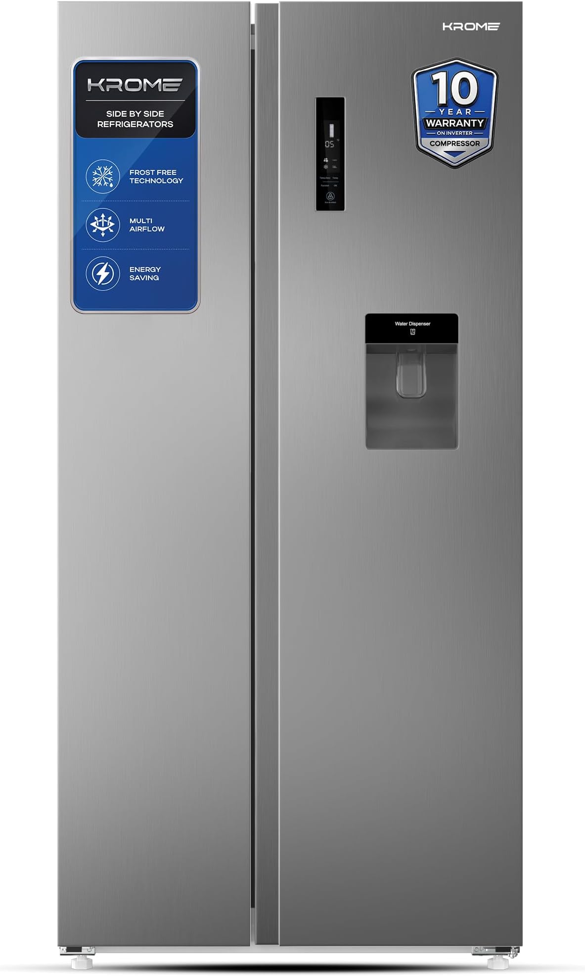 KROME 600Liters Gross,Side by Side Refrigerator with Water Dispenser,Multi Air Flow,Door Alarm,Recessed Handle,No Frost,Electronic Touch Temperature Control,INOX,10Year Compressor Warranty KR-SBS600WM