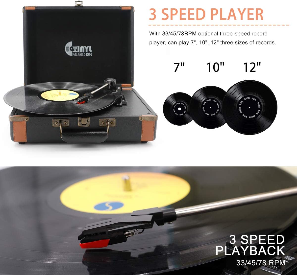 3 Speed Suitcase Turntable with Speakers,Portable Vinyl Record Player with RCA Output&Aux Input and Headphone Jack,Retro Black
