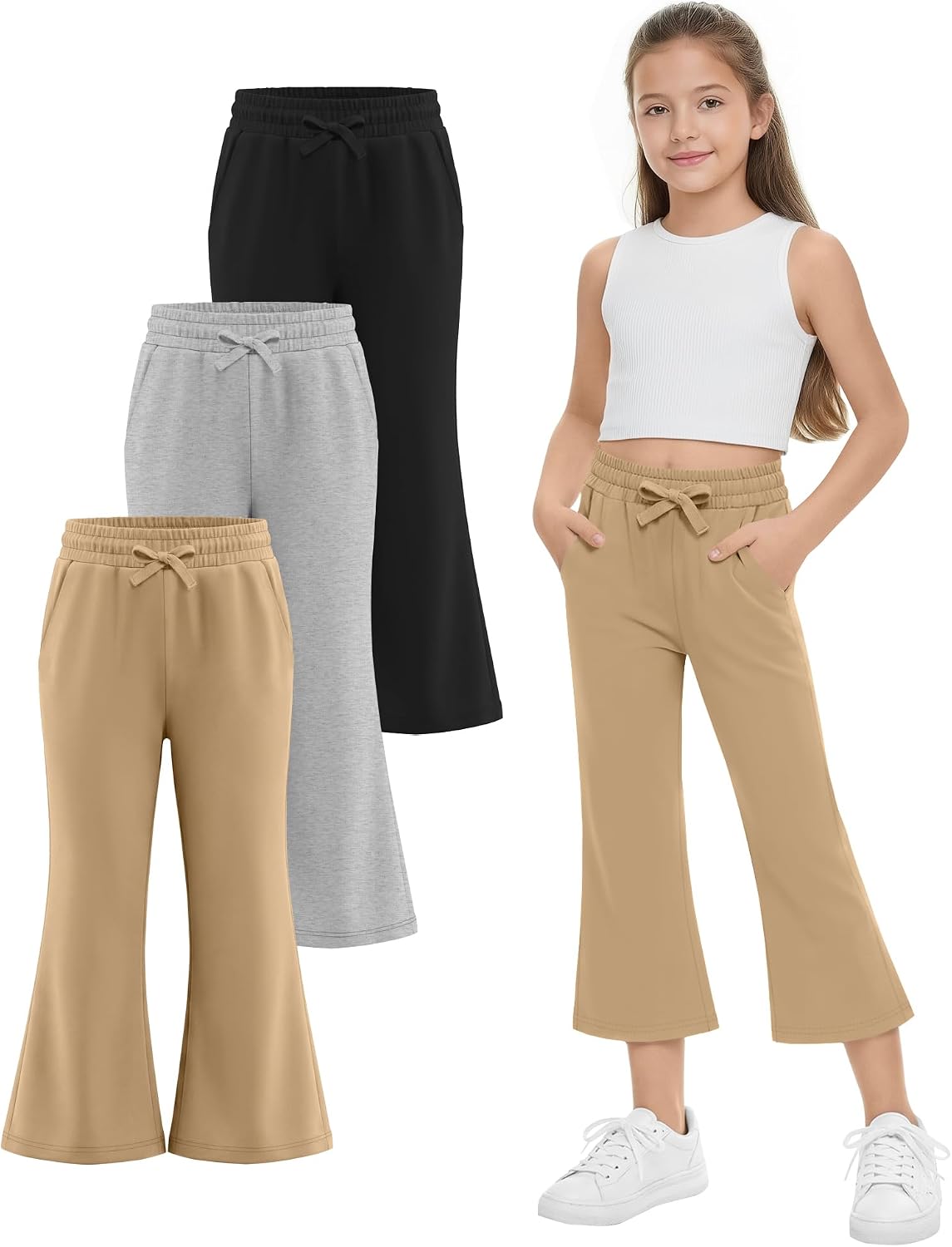 3 Pack Girls Capri Pants Casual Baggy Teen Summer Flare Leg Cropped Sweatpants Kids Lightweight 3/4 Pants 5-14y