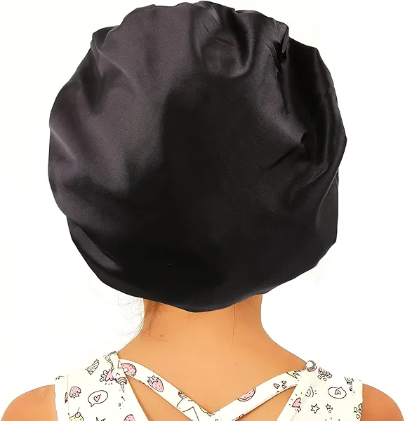 Sent Hair Kids Satin Bonnet Sleep Cap for Natural Hair, Double-Layers Comfortable Hair Bonnet, Wide Elastic Band Night Sleep Hat for Baby/Toddler/Child/Teens (Black, Color Fixed)