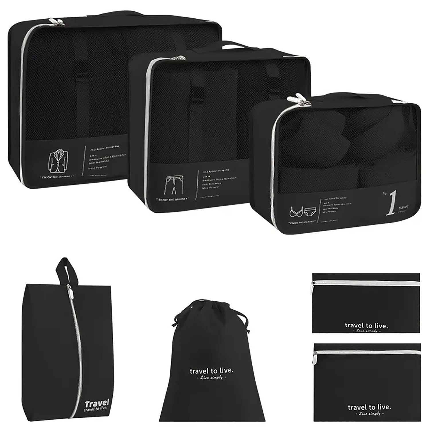 House of Quirk 7 pieces Travel Organizer Packing Cubes Lightweight Travel Luggage Organizers with Laundry Bag or Toiletry Bag (Black)