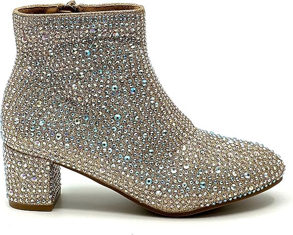 Forever Girls Rhinestone Boots Kids Low Heel Dress Booties Iceberg-12K Shoes Champagne Rhinestone 23