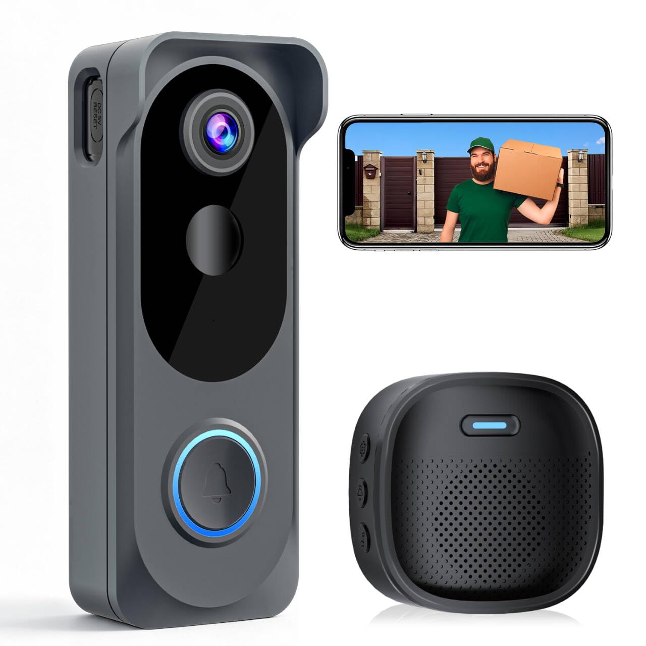 Video Doorbell Wireless Camera , 2K HD No Subscription Smart Door Bells Camera, PIR Motion Detection, Night Vision, 2-Way Audio, Battery Powered, Support SD Card/Cloud , 2.4G WiFi, Works with Alexa