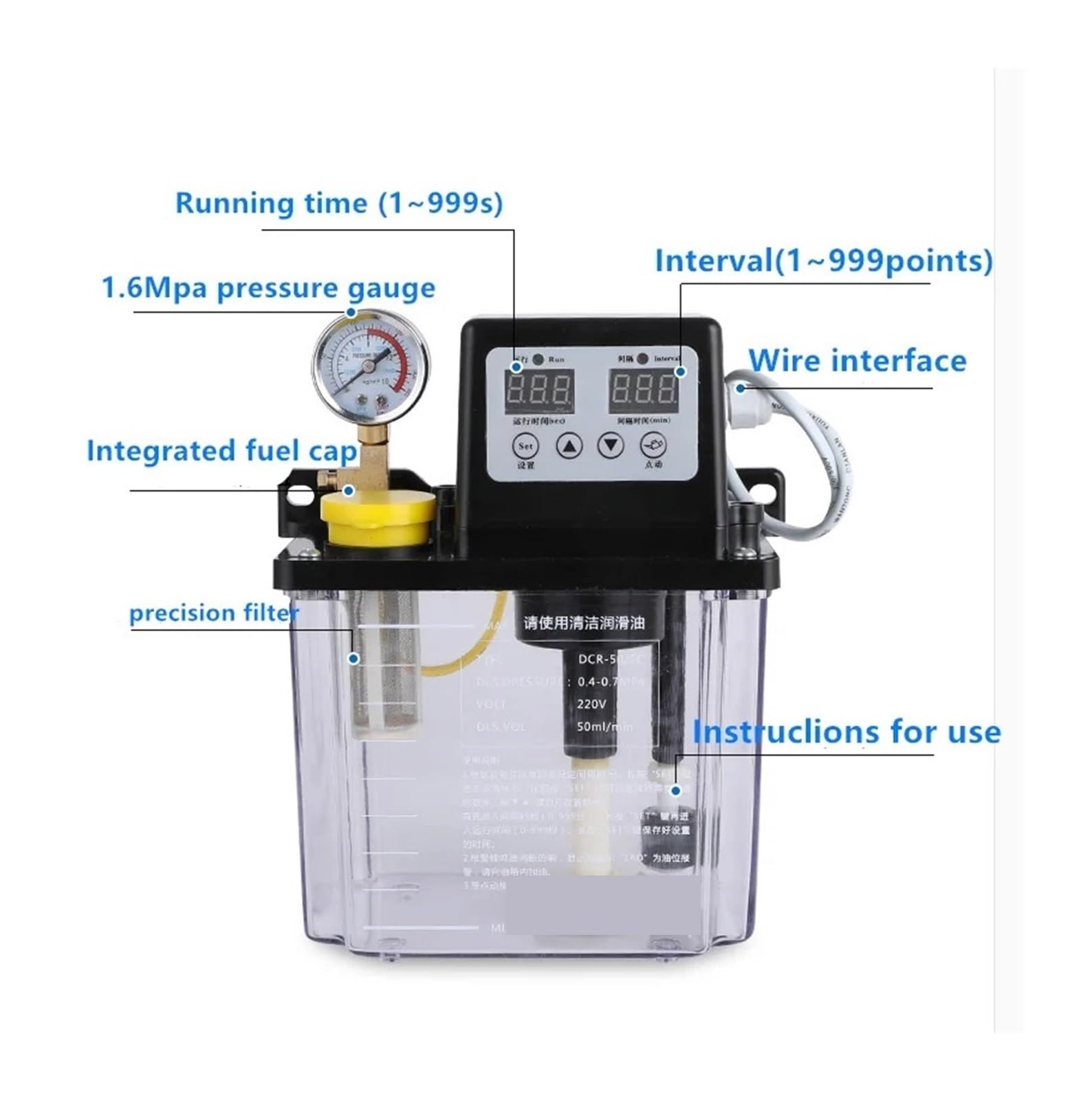 Bomba De Lubricación Automática Lubricador con bomba de lubricación electromagnética de 0,5/1/2 litros y 220 V, bomba de lubricante de 0,5/1/2 litros, bomba de aceite lubricante automática(1L Pressure